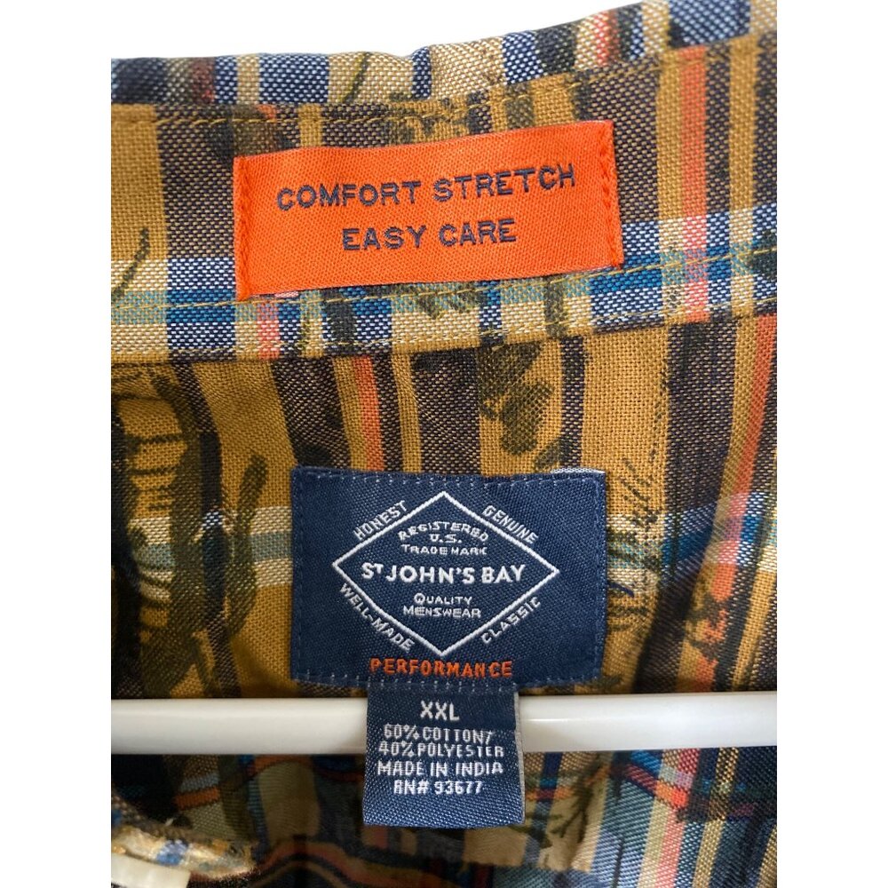 St Johns Bay Mens XXL Comfort Stretch Easy Care Plaid Button-Up Shirt Yellow/Blu - Picture 2 of 5